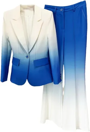 Women's 2024 Designer 2 Piece Outfits Suit Set Gradient Color Printed Single Button Blazer Flare Pants Suit