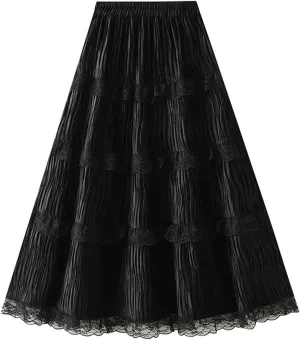 Womens A Line Long Skirt Casual High Waist Tiered Pleated Skirt Elegant Flared Midi Wedding Skirts