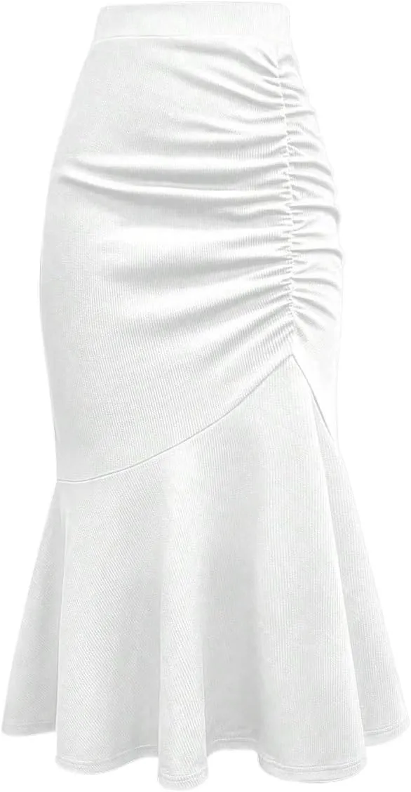 Women's Basic Natural Ruched Mermaid High Waisted Pleated Hem Elegant Midi Skirt Casual Skirts