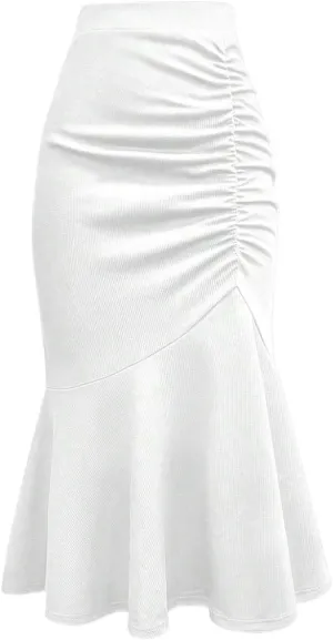 Women's Basic Natural Ruched Mermaid High Waisted Pleated Hem Elegant Midi Skirt Casual Skirts
