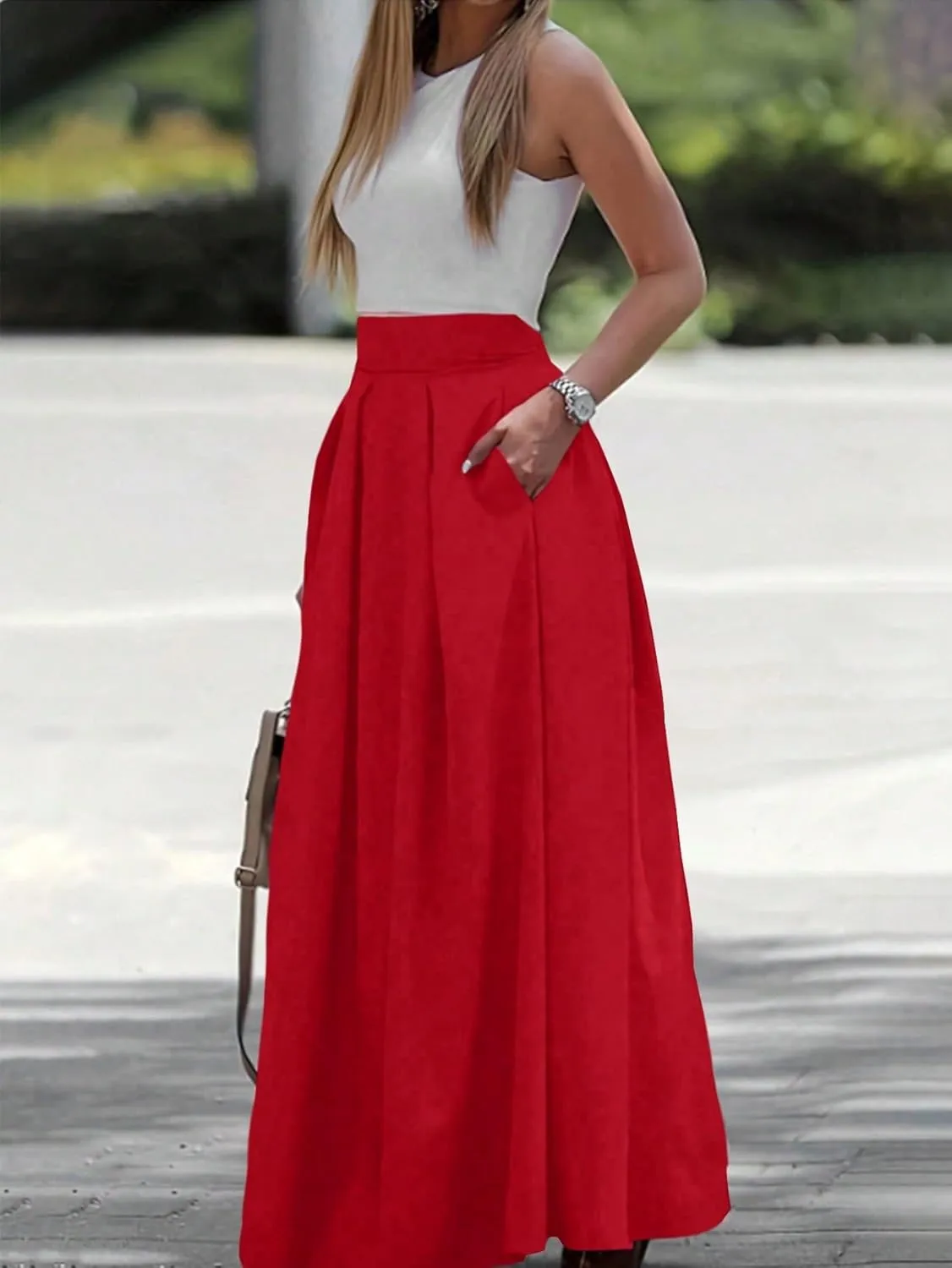 Women's Basic Solid Color Elegant Maxi Midi Skirt With Side Pockets Pleated Loose Casual Skirts