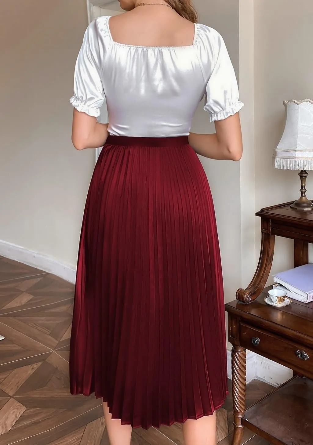Women's Basic Solid Pleated Skirt Midi Loose Skirt Women High Waist Outfit Elegant Casual Skirts