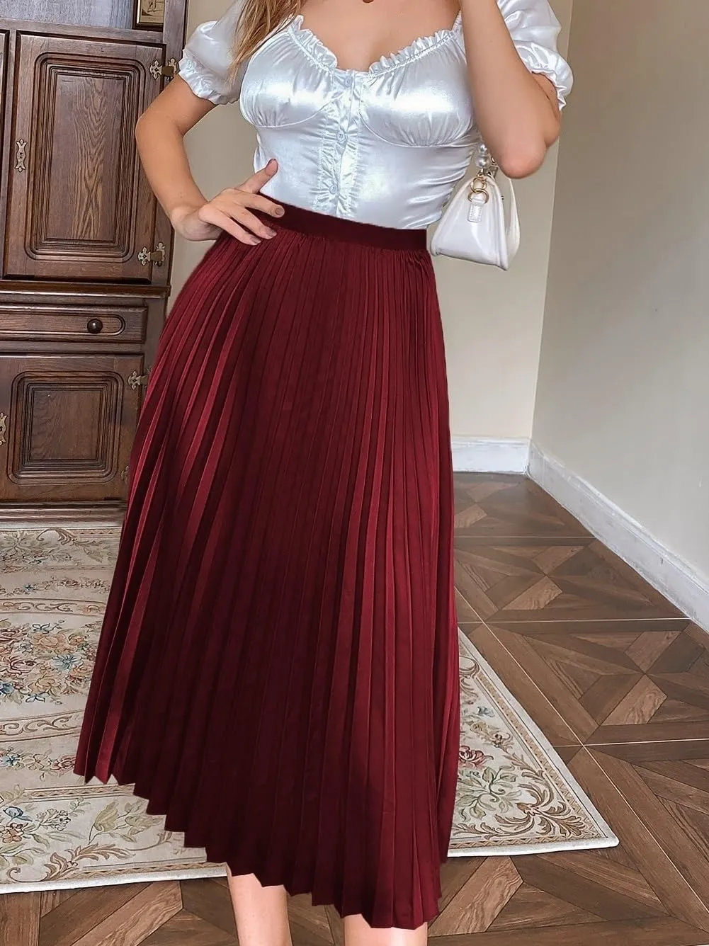 Women's Basic Solid Pleated Skirt Midi Loose Skirt Women High Waist Outfit Elegant Casual Skirts