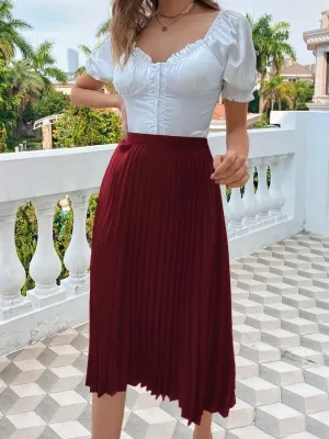 Women's Basic Solid Pleated Skirt Midi Loose Skirt Women High Waist Outfit Elegant Casual Skirts