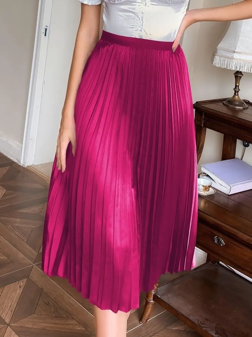Women's Basic Summer Elegant Solid Pleated Midi Plain High Waist Skirt Loose Casual Skirts