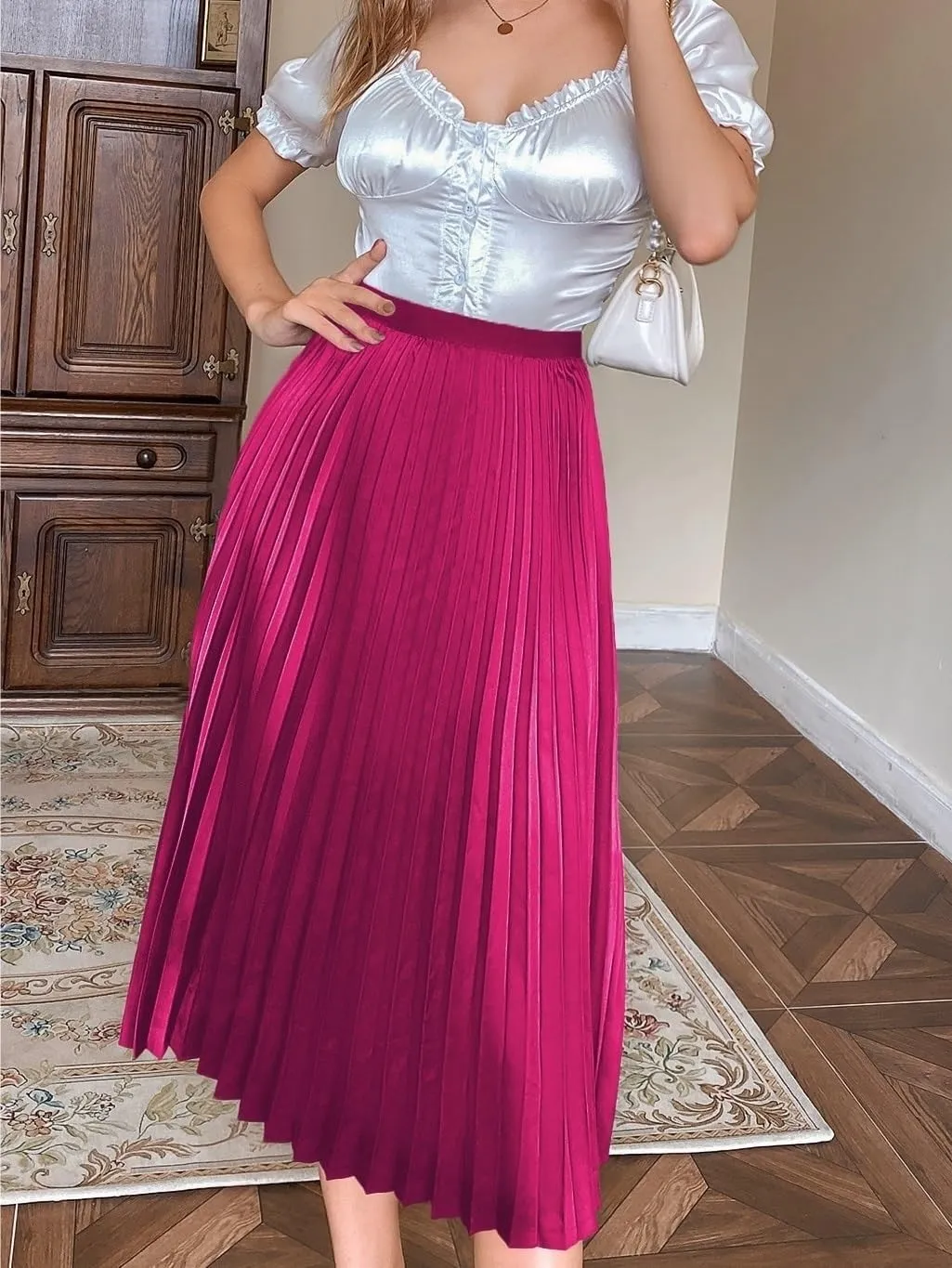 Women's Basic Summer Elegant Solid Pleated Midi Plain High Waist Skirt Loose Casual Skirts