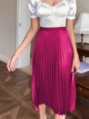 Women's Basic Summer Elegant Solid Pleated Midi Plain High Waist Skirt Loose Casual Skirts