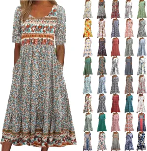 Women's Boho Dress Floral Flowy A Line Swing Casual Long Dress 3/4 Puff Sleeve Midi Loose Summer Beach Dresses with Pockets