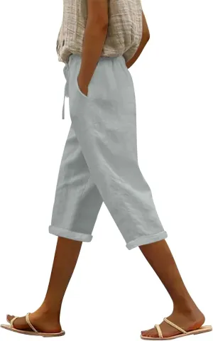 Womens Capris for Summer Cotton Linen Elastic Seven Pants Beach Casual Pants Linen Drawstring Loose Fit Summer Pants