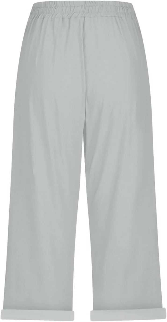 Womens Capris for Summer Cotton Linen Elastic Seven Pants Beach Casual Pants Linen Drawstring Loose Fit Summer Pants