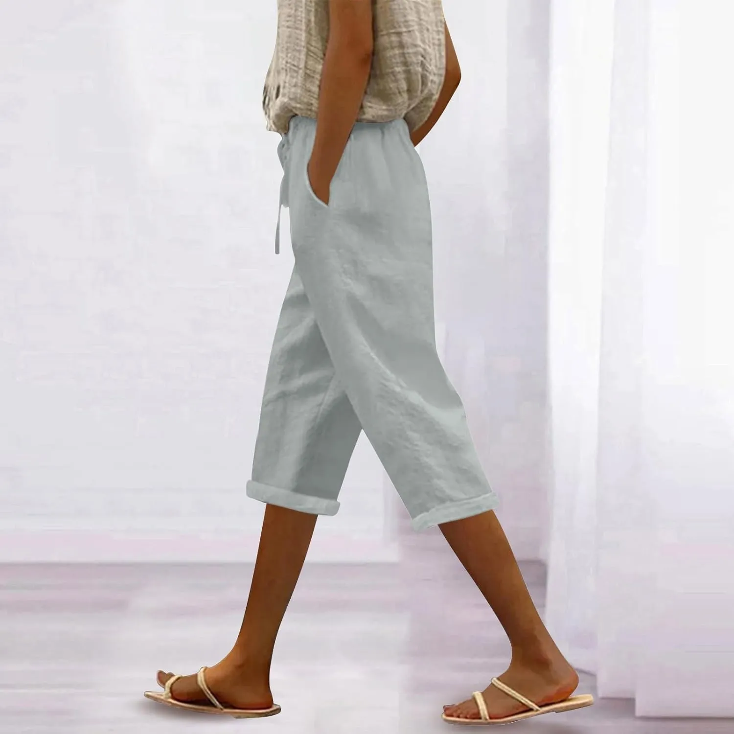 Womens Capris for Summer Cotton Linen Elastic Seven Pants Beach Casual Pants Linen Drawstring Loose Fit Summer Pants