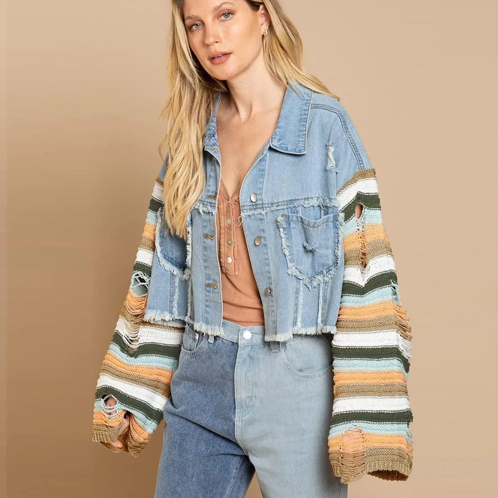 Women's Casual 2022 New Denim Jacket Plaid Rainbow Stitching Sweater Ripped Long Sleeve Splicing Coat Outfits
