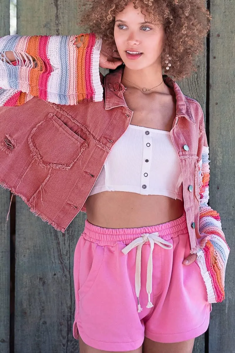 Women's Casual 2022 New Denim Jacket Plaid Rainbow Stitching Sweater Ripped Long Sleeve Splicing Coat Outfits