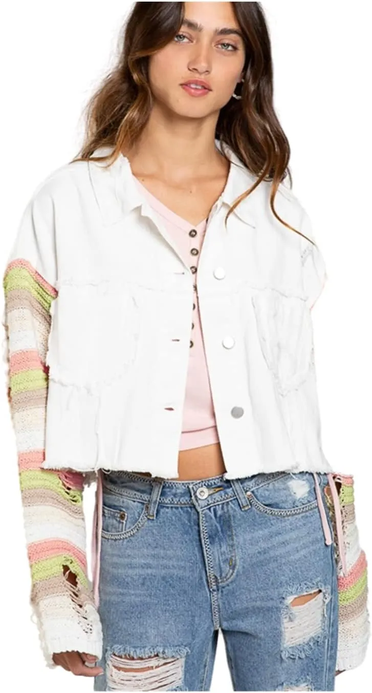 Women's Casual 2022 New Denim Jacket Plaid Rainbow Stitching Sweater Ripped Long Sleeve Splicing Coat Outfits