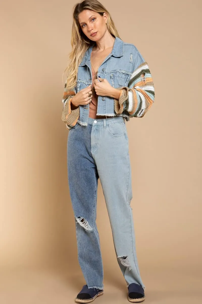 Women's Casual 2022 New Denim Jacket Plaid Rainbow Stitching Sweater Ripped Long Sleeve Splicing Coat Outfits