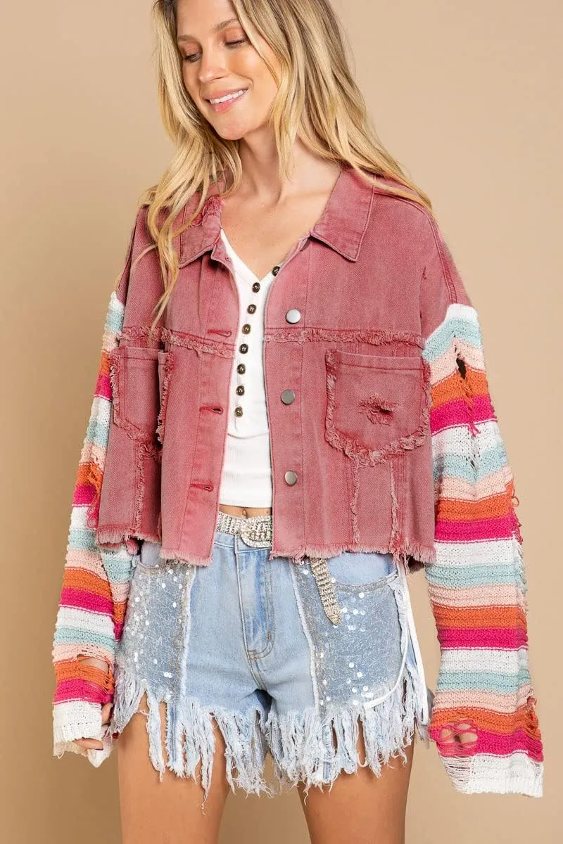 Women's Casual 2022 New Denim Jacket Plaid Rainbow Stitching Sweater Ripped Long Sleeve Splicing Coat Outfits