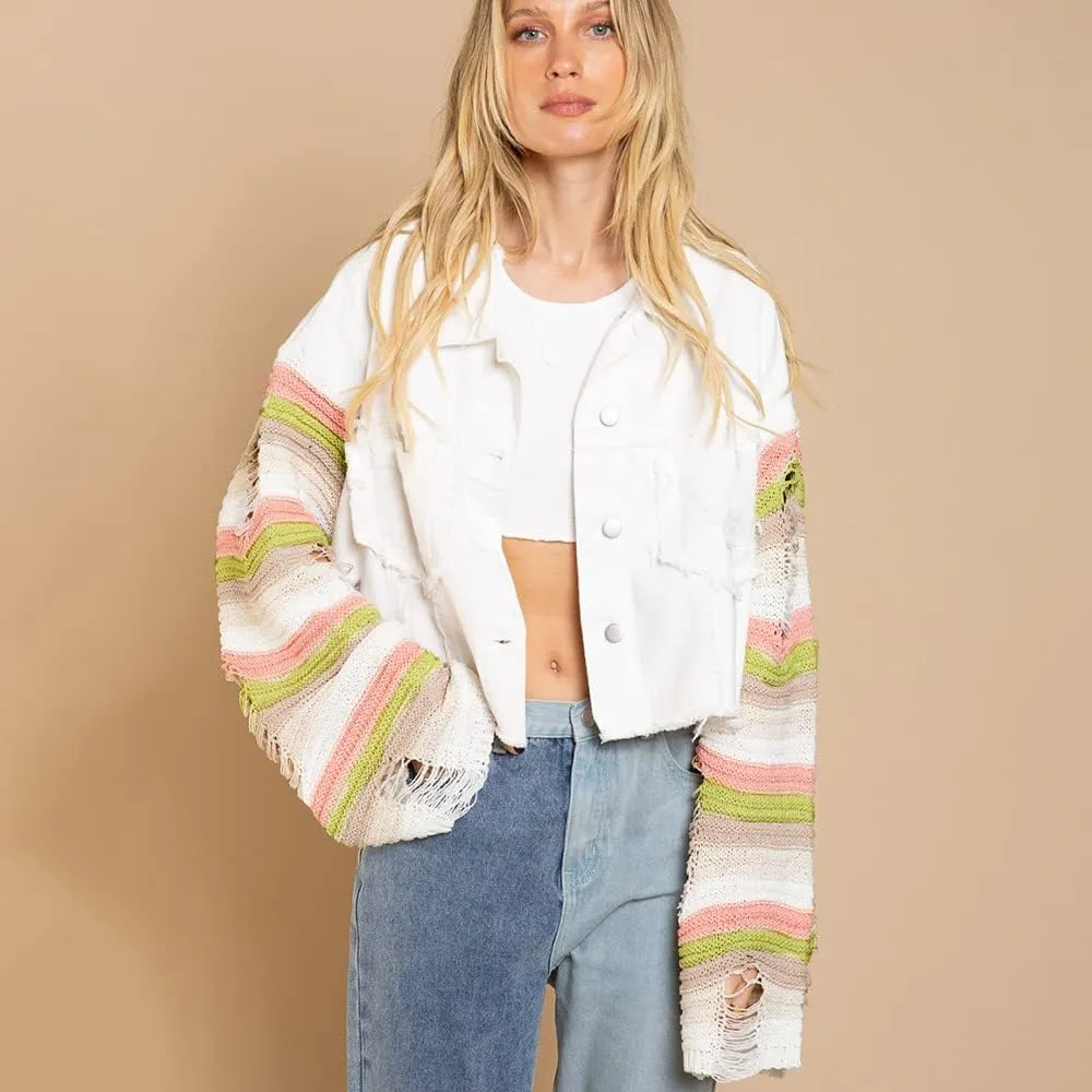 Women's Casual 2022 New Denim Jacket Plaid Rainbow Stitching Sweater Ripped Long Sleeve Splicing Coat Outfits