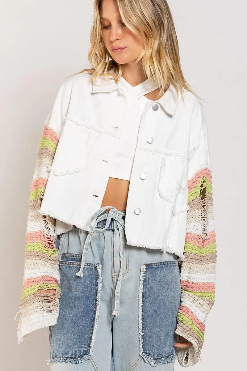 Women's Casual 2022 New Denim Jacket Plaid Rainbow Stitching Sweater Ripped Long Sleeve Splicing Coat Outfits