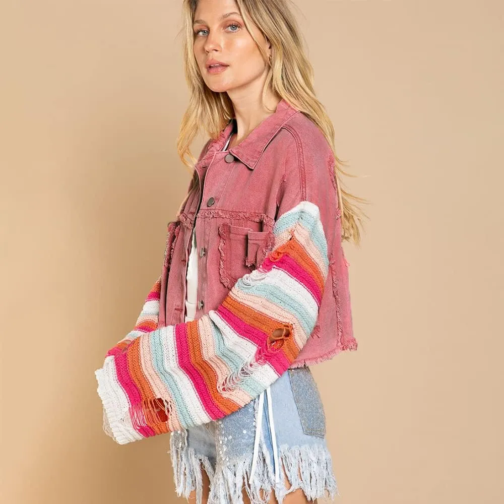 Women's Casual 2022 New Denim Jacket Plaid Rainbow Stitching Sweater Ripped Long Sleeve Splicing Coat Outfits