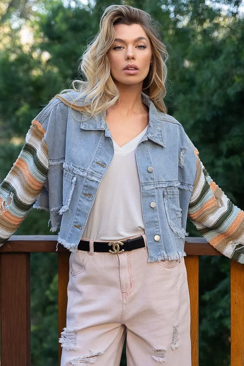 Women's Casual 2022 New Denim Jacket Plaid Rainbow Stitching Sweater Ripped Long Sleeve Splicing Coat Outfits