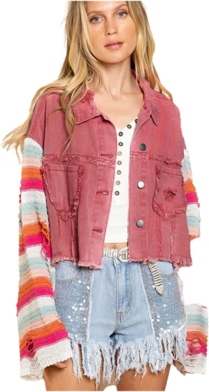 Women's Casual 2022 New Denim Jacket Plaid Rainbow Stitching Sweater Ripped Long Sleeve Splicing Coat Outfits