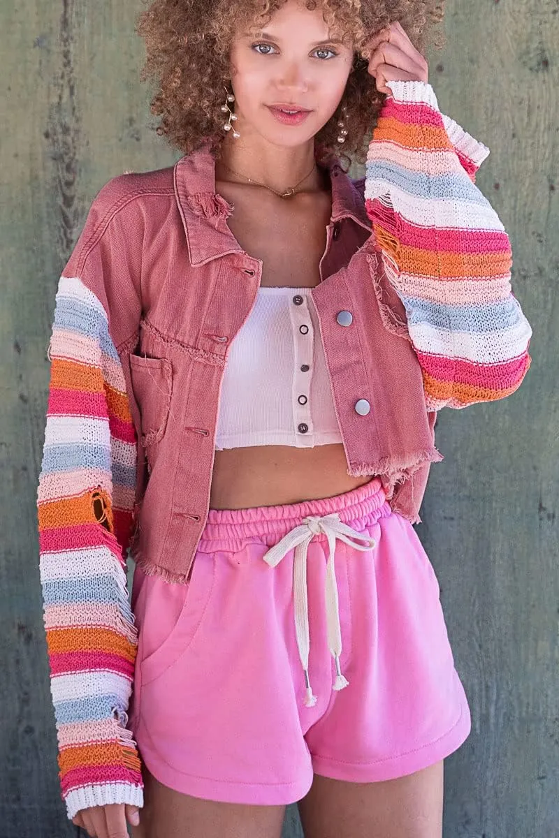 Women's Casual 2022 New Denim Jacket Plaid Rainbow Stitching Sweater Ripped Long Sleeve Splicing Coat Outfits