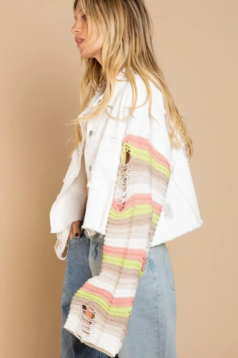 Women's Casual 2022 New Denim Jacket Plaid Rainbow Stitching Sweater Ripped Long Sleeve Splicing Coat Outfits