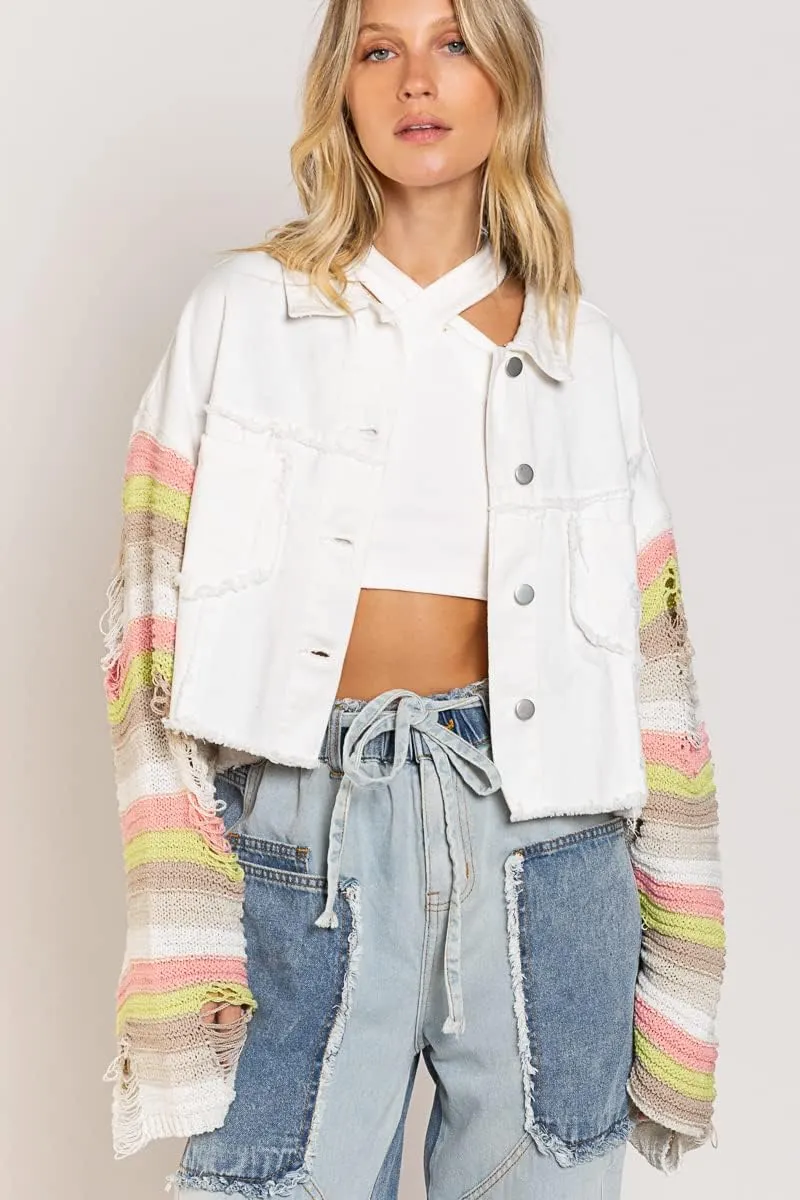 Women's Casual 2022 New Denim Jacket Plaid Rainbow Stitching Sweater Ripped Long Sleeve Splicing Coat Outfits