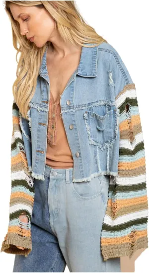 Women's Casual 2022 New Denim Jacket Plaid Rainbow Stitching Sweater Ripped Long Sleeve Splicing Coat Outfits
