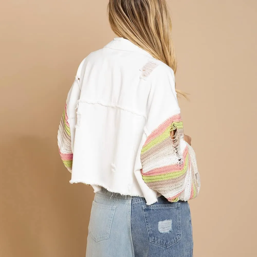 Women's Casual 2022 New Denim Jacket Plaid Rainbow Stitching Sweater Ripped Long Sleeve Splicing Coat Outfits
