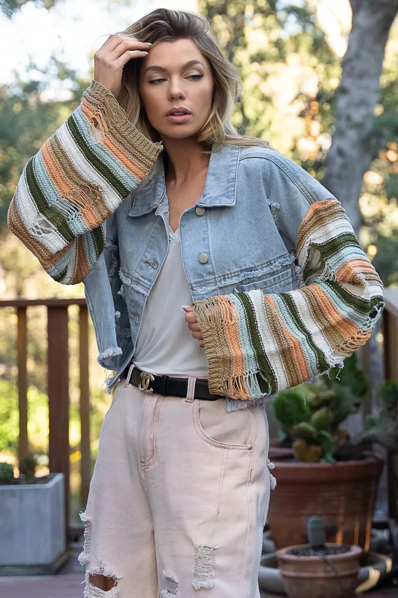 Women's Casual 2022 New Denim Jacket Plaid Rainbow Stitching Sweater Ripped Long Sleeve Splicing Coat Outfits