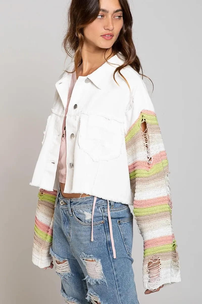 Women's Casual 2022 New Denim Jacket Plaid Rainbow Stitching Sweater Ripped Long Sleeve Splicing Coat Outfits