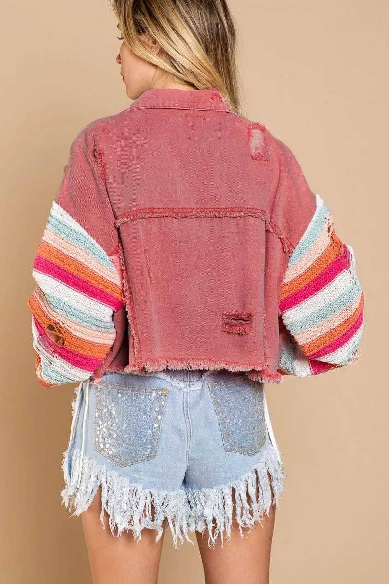 Women's Casual 2022 New Denim Jacket Plaid Rainbow Stitching Sweater Ripped Long Sleeve Splicing Coat Outfits