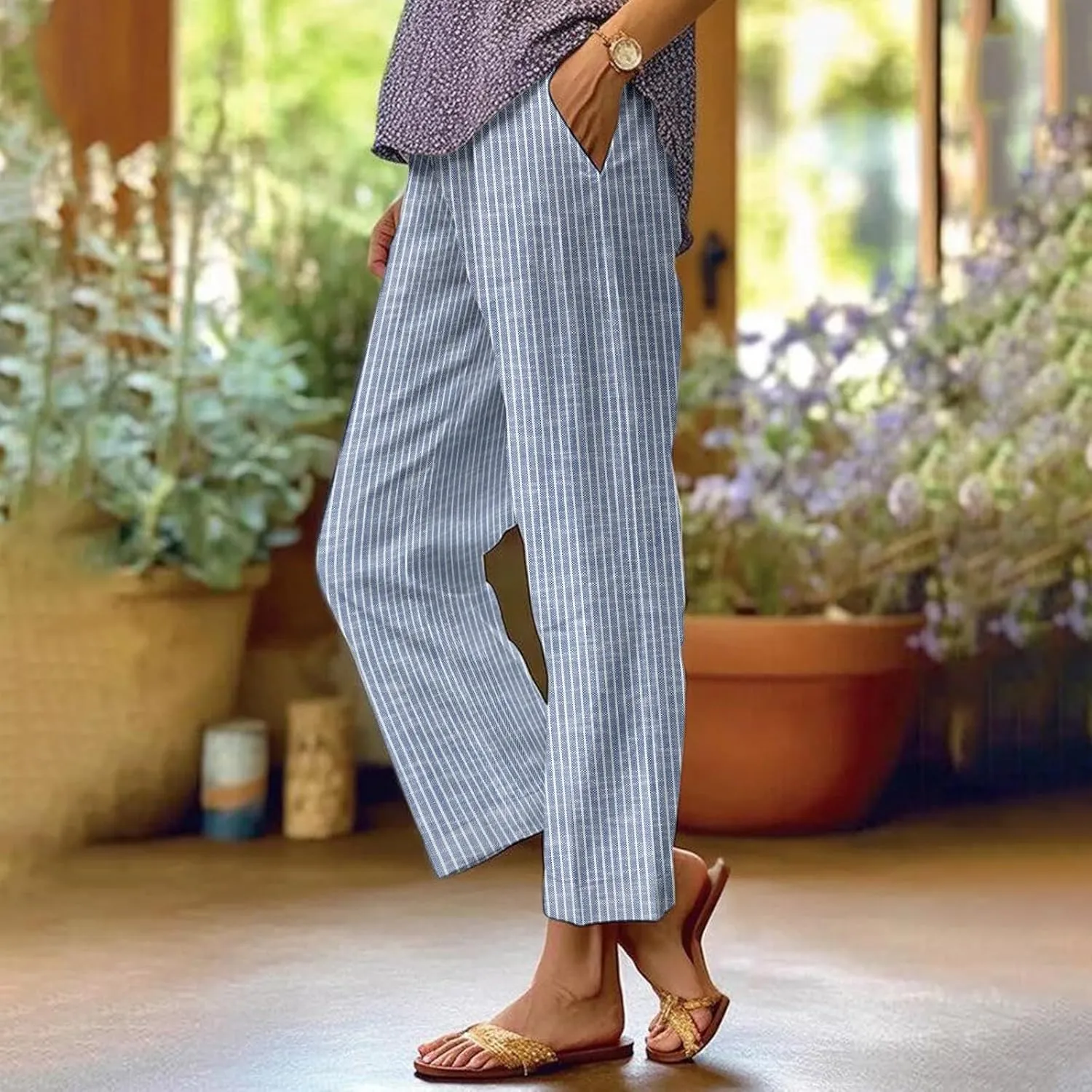 Women's Casual Boho Floral Design Cotton Linen Pant Elastic Waisted Drawstring Summer Beach Baggy Capri with Pockets