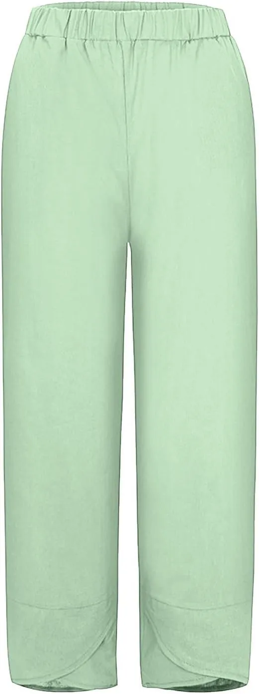 Womens Casual Cotton Linen Pants Trendy Elastic High Waist Crossover Leg Harem Trouser Workout Sport Lounge Sweatpant