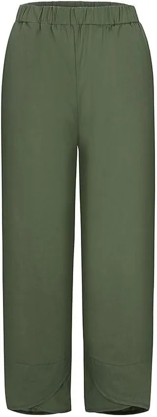 Womens Casual Cotton Linen Pants Trendy Elastic High Waist Crossover Leg Harem Trouser Workout Sport Lounge Sweatpant