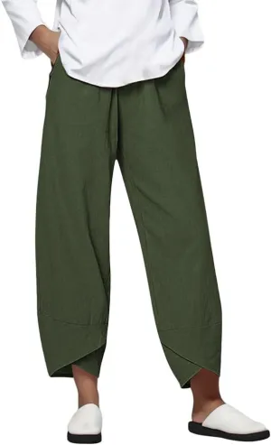 Womens Casual Cotton Linen Pants Trendy Elastic High Waist Crossover Leg Harem Trouser Workout Sport Lounge Sweatpant