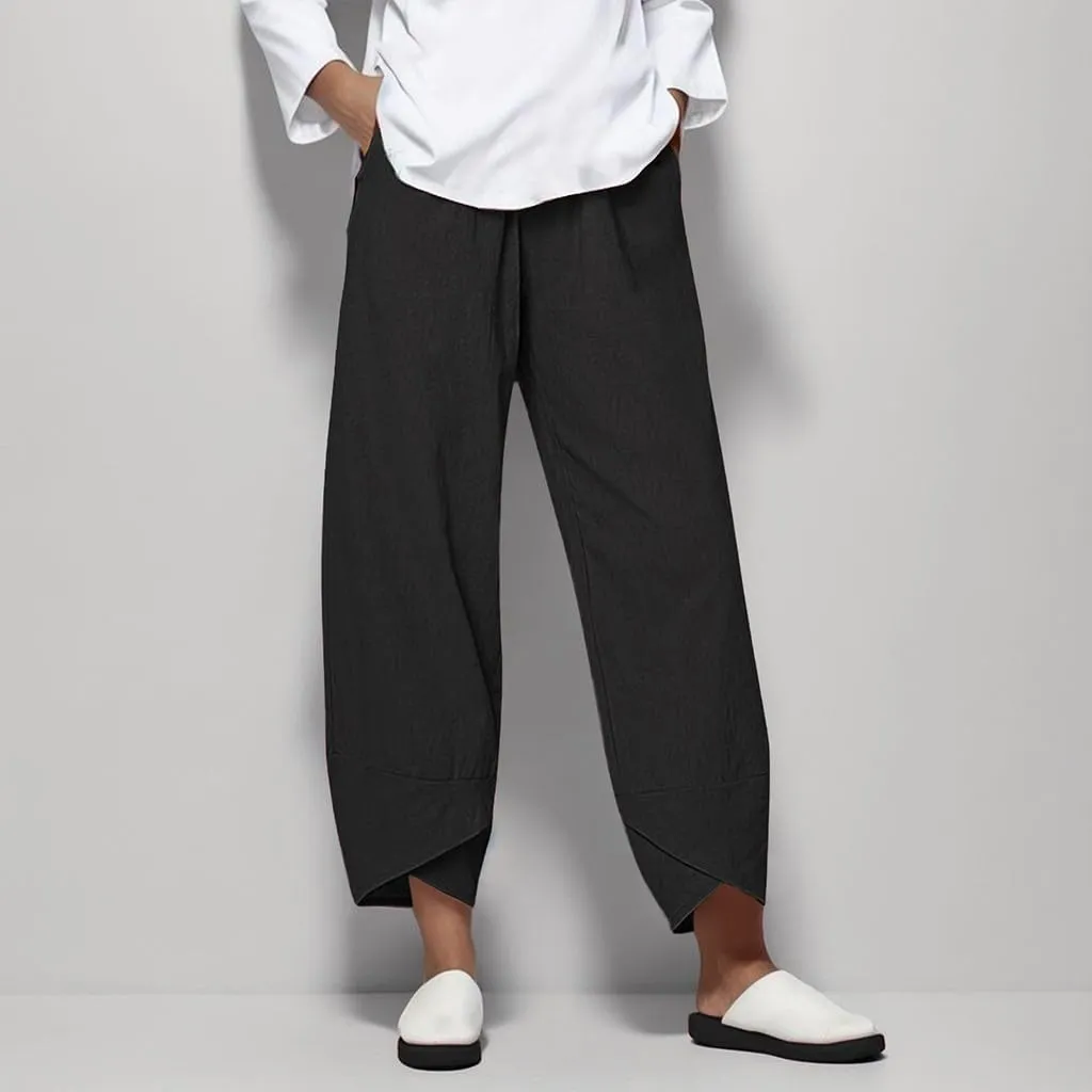 Womens Casual Cotton Linen Pants Trendy Elastic High Waist Crossover Leg Harem Trouser Workout Sport Lounge Sweatpant