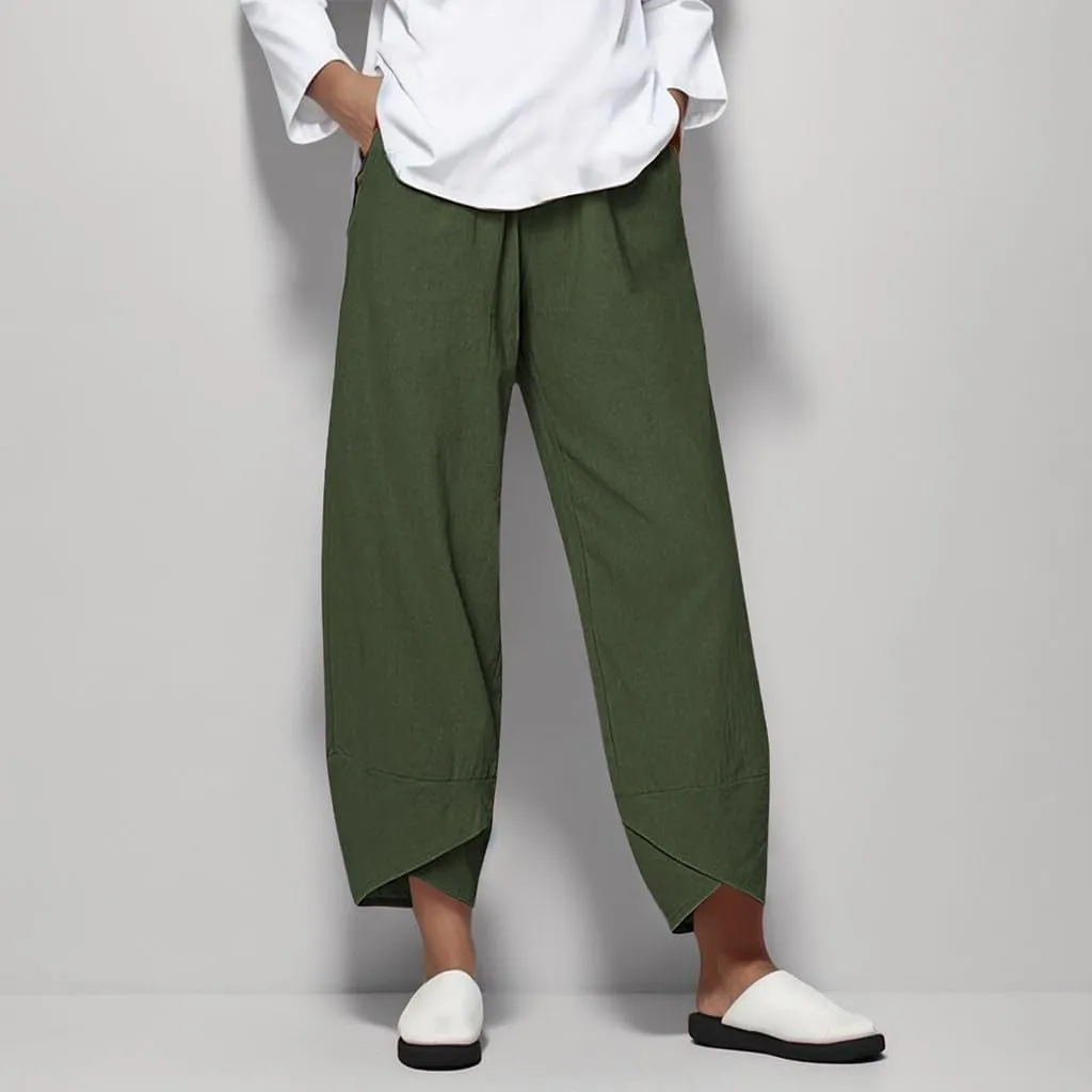 Womens Casual Cotton Linen Pants Trendy Elastic High Waist Crossover Leg Harem Trouser Workout Sport Lounge Sweatpant