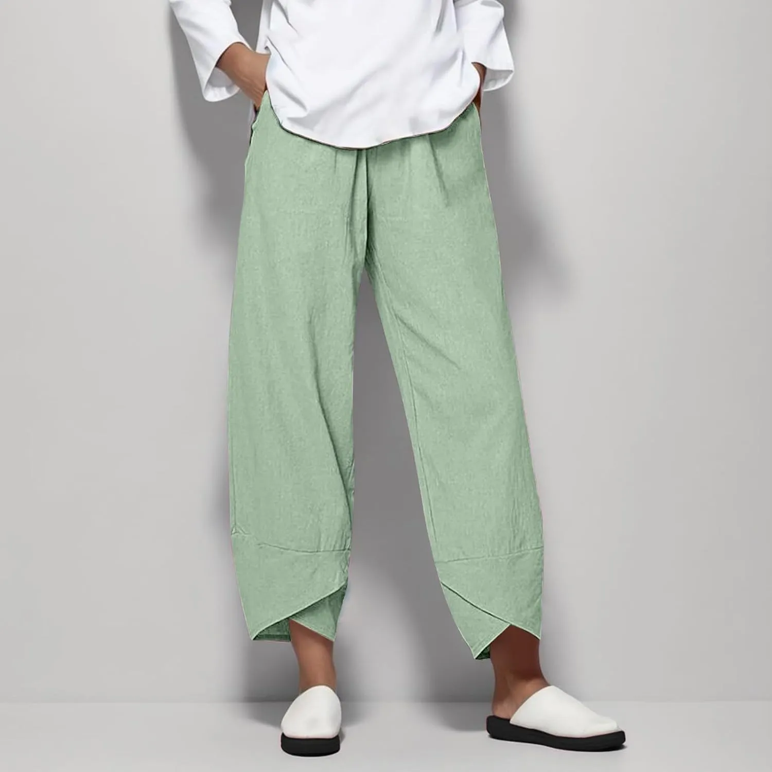 Womens Casual Cotton Linen Pants Trendy Elastic High Waist Crossover Leg Harem Trouser Workout Sport Lounge Sweatpant