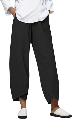 Womens Casual Cotton Linen Pants Trendy Elastic High Waist Crossover Leg Harem Trouser Workout Sport Lounge Sweatpant