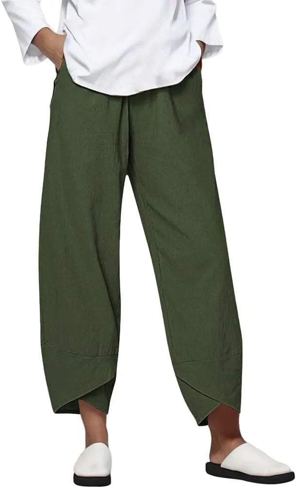 Womens Casual Cotton Linen Pants Trendy Elastic High Waist Crossover Leg Harem Trouser Workout Sport Lounge Sweatpant