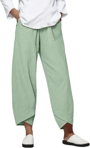 Womens Casual Cotton Linen Pants Trendy Elastic High Waist Crossover Leg Harem Trouser Workout Sport Lounge Sweatpant