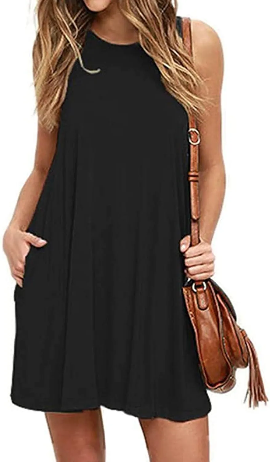 Women's Casual Dresses Summer Casual Loose Solid Color Dress 2024 Round Neck Sleeveless Midi Dress, S-2XL