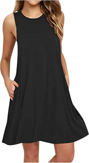 Women's Casual Dresses Summer Casual Loose Solid Color Dress 2024 Round Neck Sleeveless Midi Dress, S-2XL