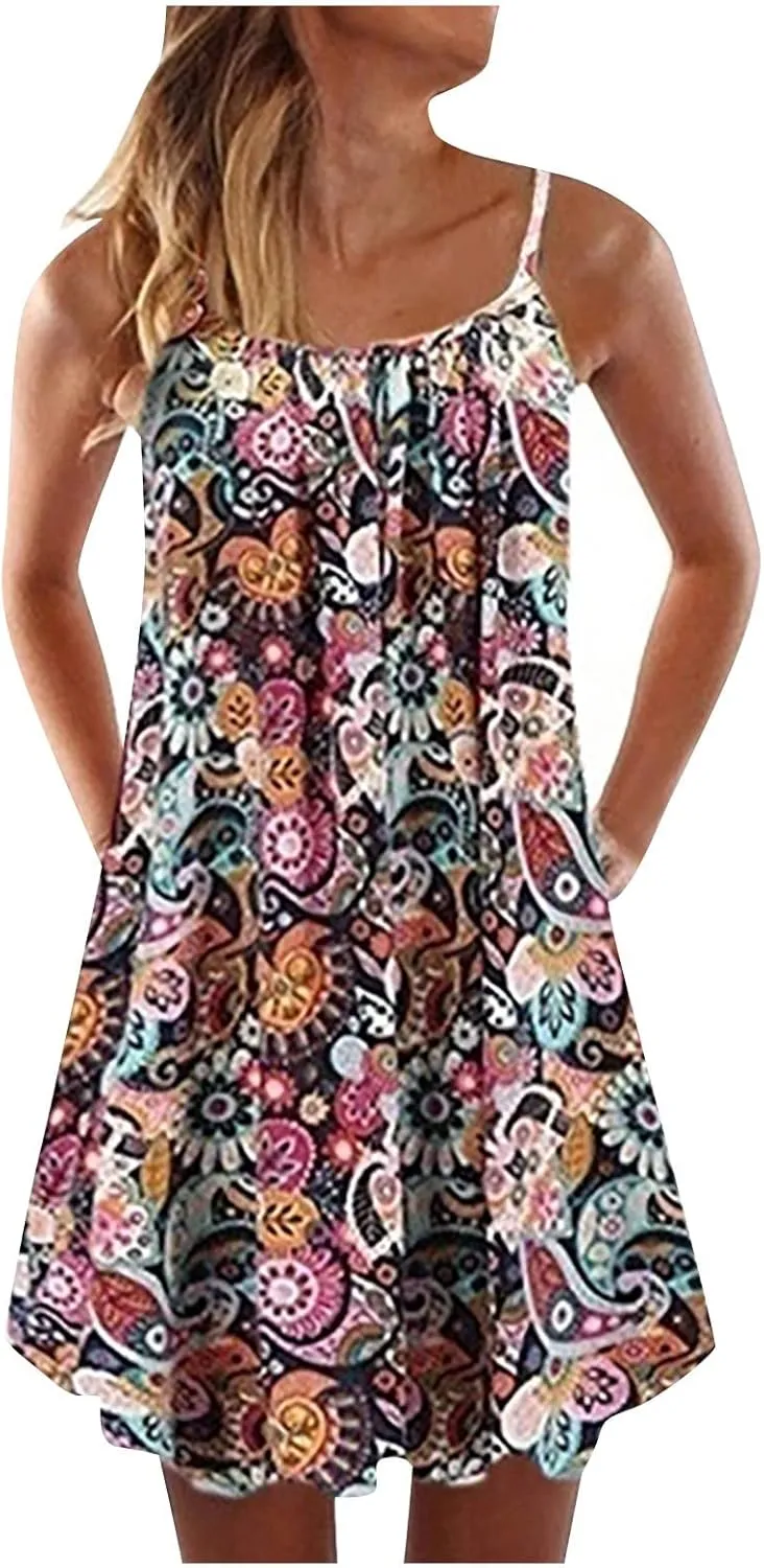 Women's Casual Dresses Summer Casual Trendy Dress Sleeveless Halter Floral Print Boho Midi Dresses Casual, XS-6XL