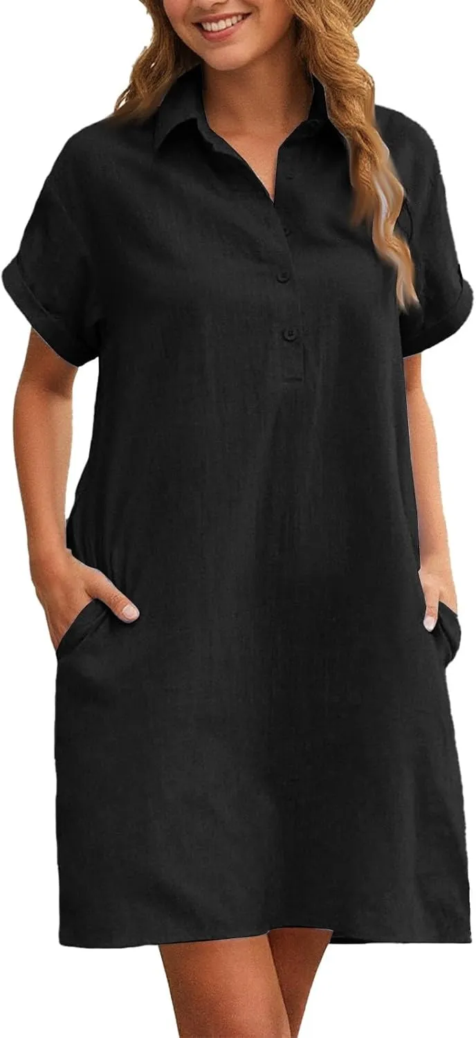 Women's Casual Short Sleeve Button Shirt Dress with Pockets Summer Casual Dresses 2025 Vacation Outfits, S-2XL