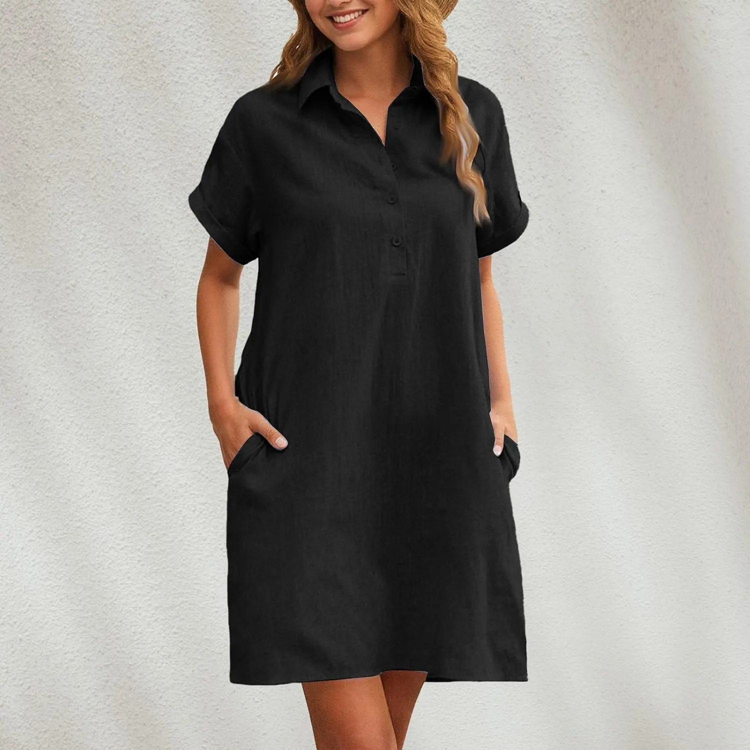 Women's Casual Short Sleeve Button Shirt Dress with Pockets Summer Casual Dresses 2025 Vacation Outfits, S-2XL