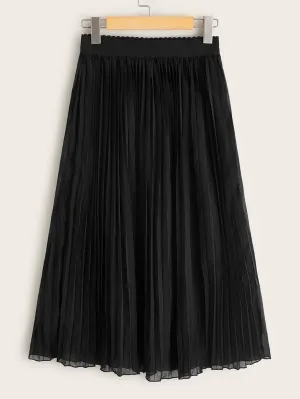 Women's Casual Skirt Solid Pleated Elastic Waist Midi Skirt for Work and Party