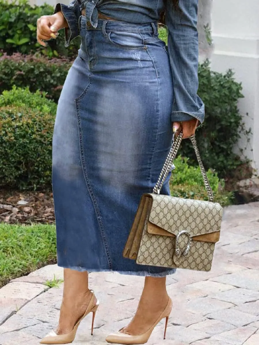 Womens Casual Slit Denim Midi Jean Skirt Stretch High Waist Frayed Button Up with Pockets